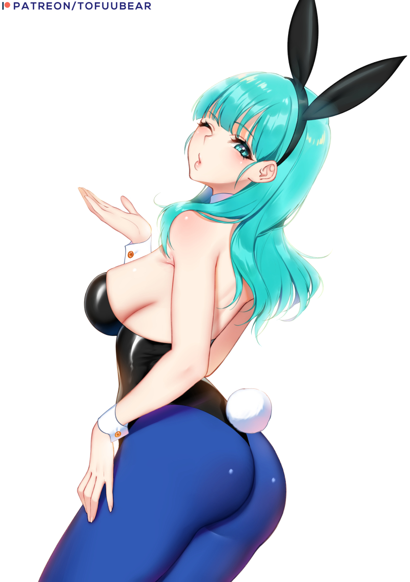 1girls, ass, big ass, blowing kiss, blue hair, bulma, bulma (bunny), bulma briefs, bunny costume, bunny ears, bunny tail, bunnysuit, clothing, curvy, detached collar, dragon ball, dragon ball (classic), female, female only, hair, long hair, one eye closed, pantyhose, solo, teal hair, teenage bulma, teenage female, teenager, tofuubear, wink, wrist cuffs