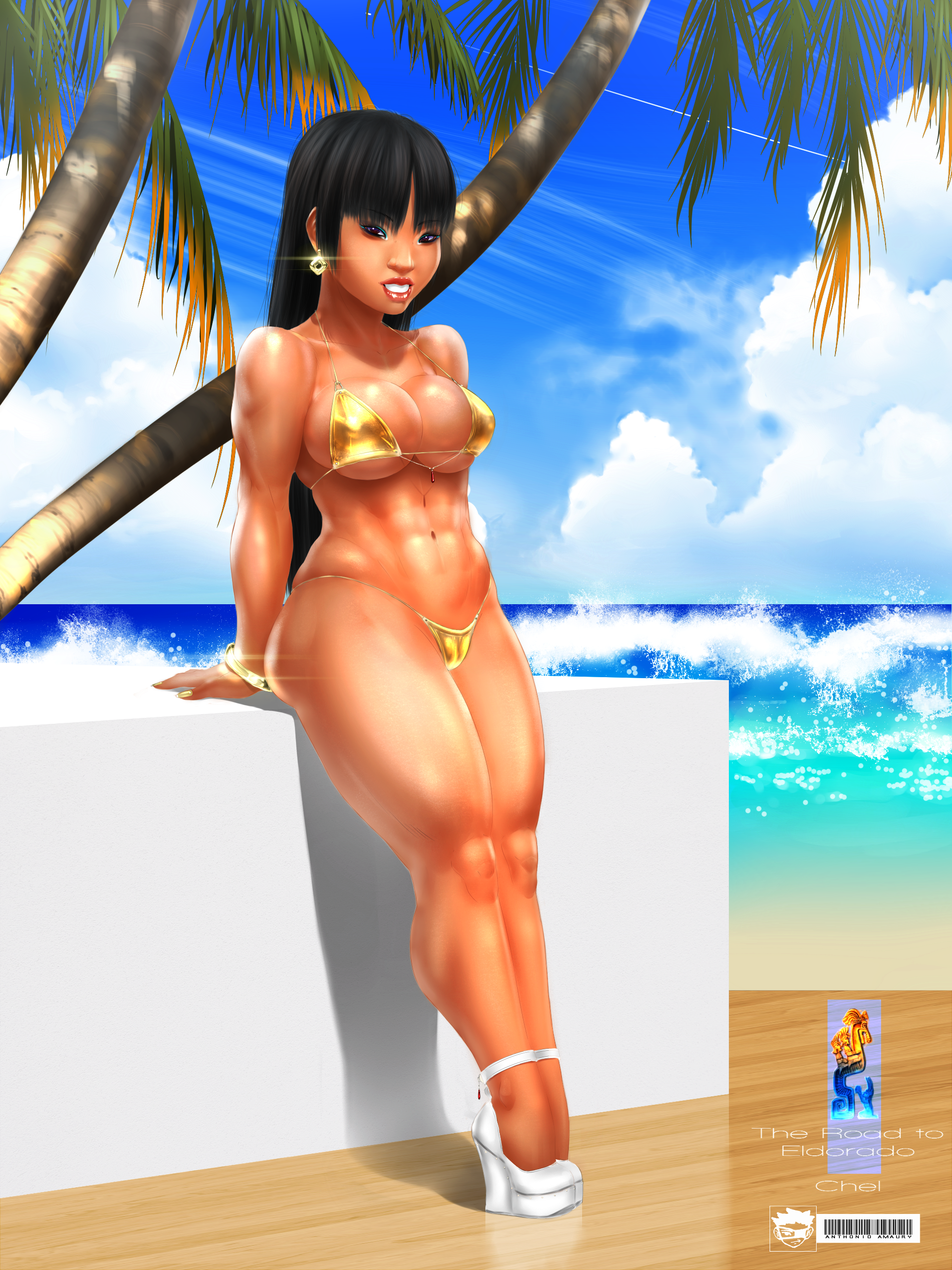1girls, abs, amaurymangaka, beach, big breasts, bikini, black hair, bracelet, breasts, brunette, busty, chel, cleavage, dark skin, dark-skinned female, earrings, female, female focus, female only, gold jewelry, high heels, long hair, micro bikini, muscular, muscular thighs, nail polish, navel, pinup, pose, posing, solo, standing, straight hair, tagme, the road to el dorado, thick, thick thighs, wide hips
