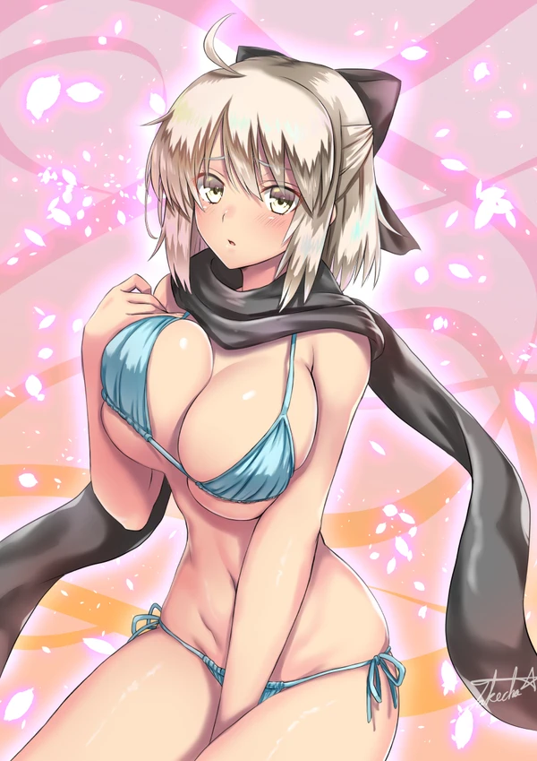 big_breasts bikini fate/grand_order fate_(series) female female_only large_breasts looking_at_viewer scarf short_hair solo souji_okita takecha white_hair yellow_eyes