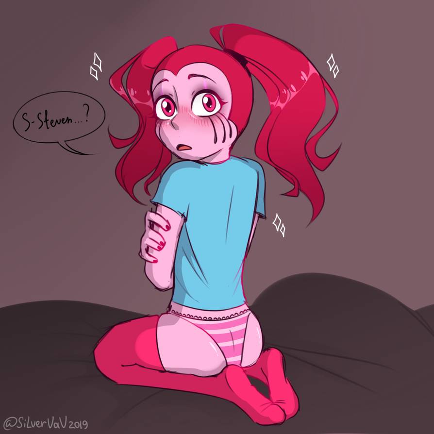 1girls ass blush cartoon_network female gem gem_(species) looking_back panties pink_eyes pink_hair pink_panties pink_skin shirt_lift shocked solo sparkles spinel_(steven_universe) steven_universe steven_universe:_the_movie stockings striped_panties text twintails