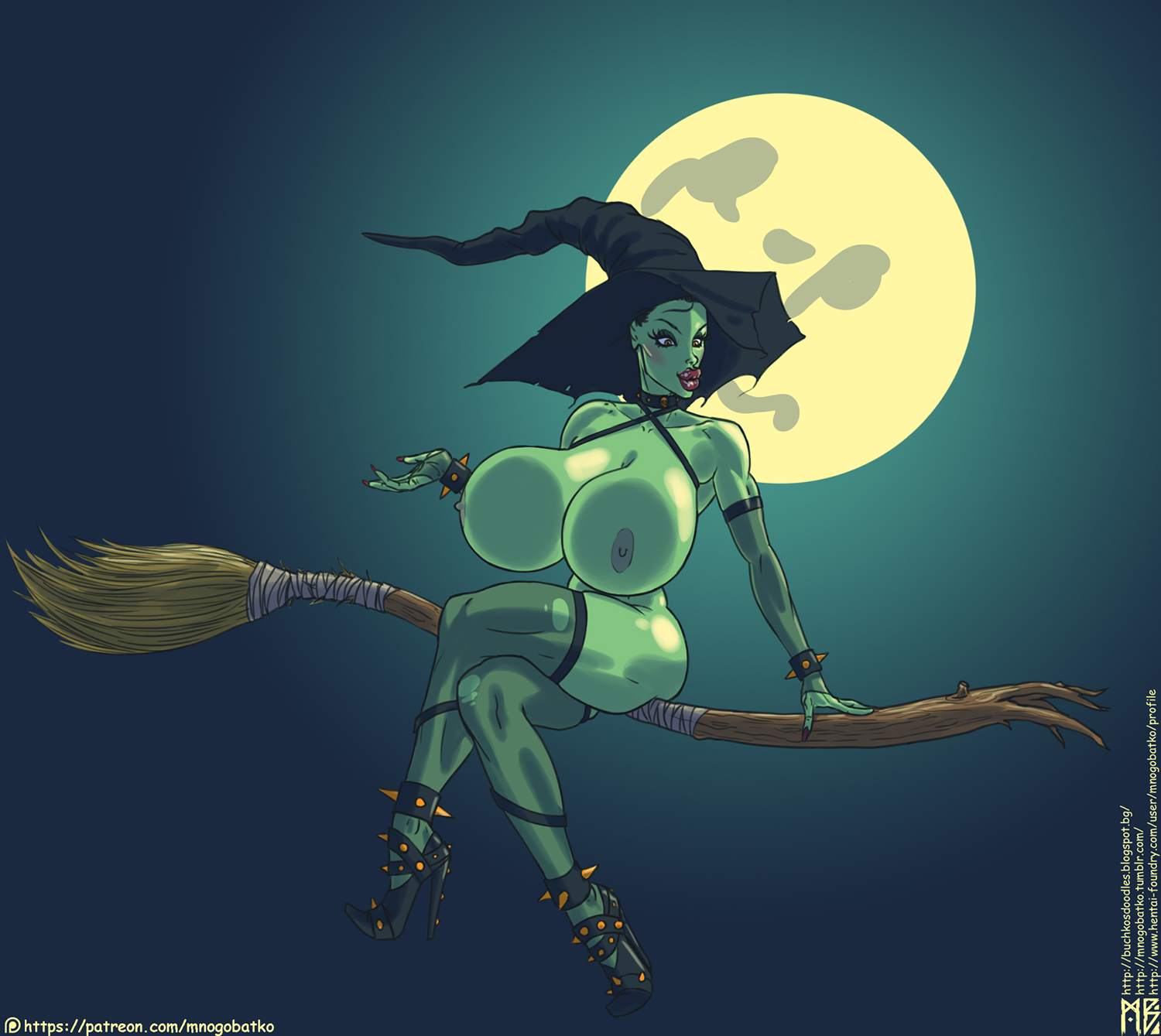 anklet, areolae, arm sleeves, big breasts, big lips, bimbo, blush, bracelet, breasts, broom, broom riding, brown eyes, busty, choker, collar, eyelashes, eyeliner, eyeshadow, female, green skin, halloween, high heels, hourglass figure, huge breasts, large breasts, lipstick, long fingernails, mnogobatko, nail polish, naked footwear, naked heels, navel, nipples, nude, pose, posing, sitting, stockings, thick lips, thick thighs, wide hips, witch hat