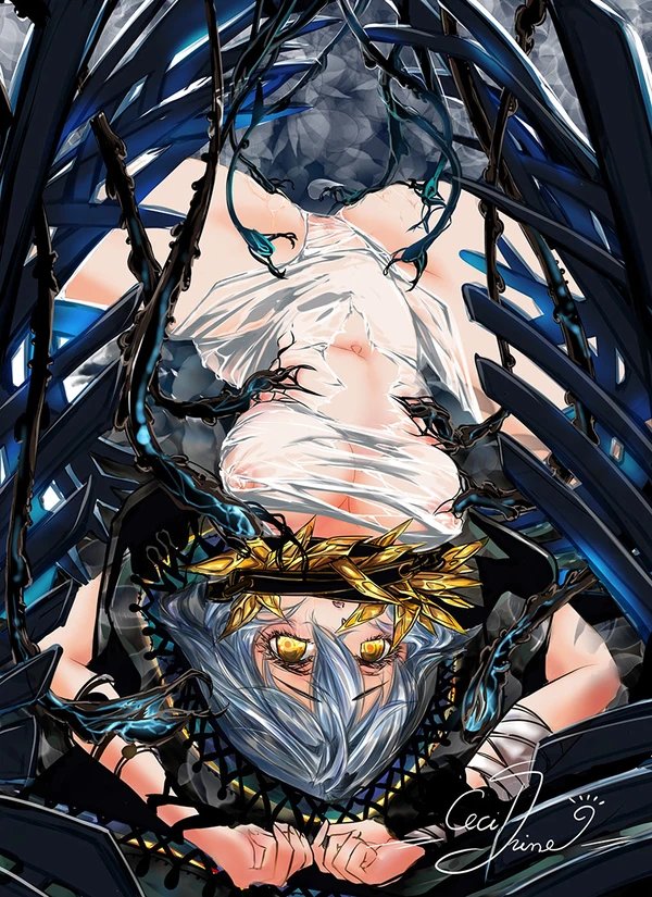big breasts, breasts, code vein, female, io (code vein), nipples, pussy, torn clothes, trapped, upside-down, vagina