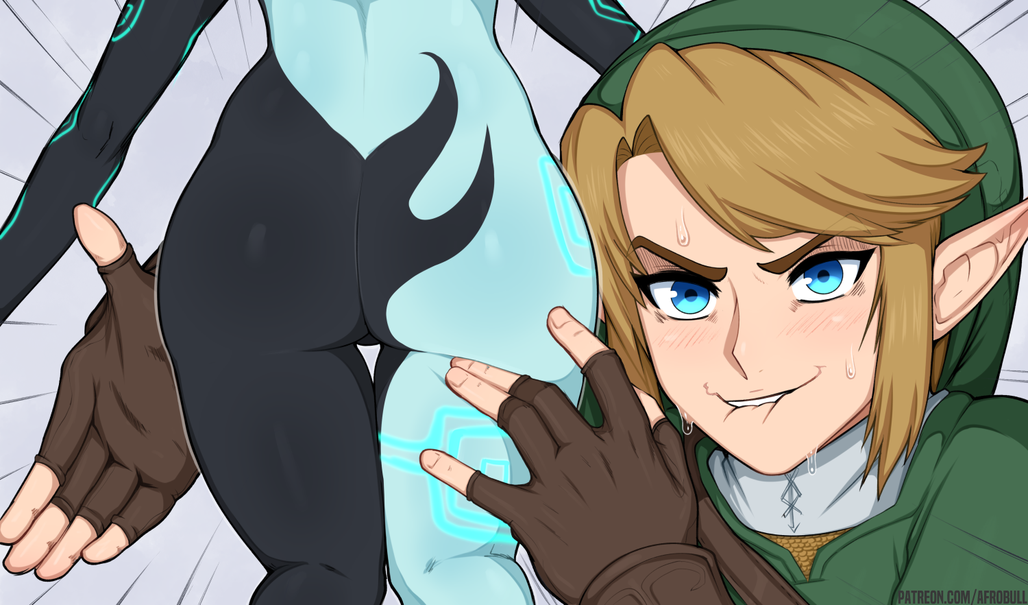 1boy, 1girls, afrobull, ass, ass focus, ass worship, biting lip, blonde hair, blue eyes, female, gloves, hylian, imp midna, link, link (twilight princess), male, midna, nintendo, pointy ears, the legend of zelda, twili, twilight princess, video games