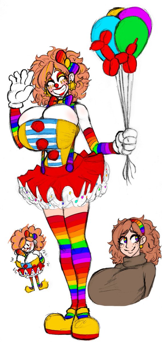 armwear, balloon, bowtie, breasts, cleavage, clown, clown girl, curly hair, earrings, facepaint, female, freckles, gloves, hairband, huge breasts, kentayuki, rainbow eyes, sunny rainbow, suspenders, thighhighs, tight clothing