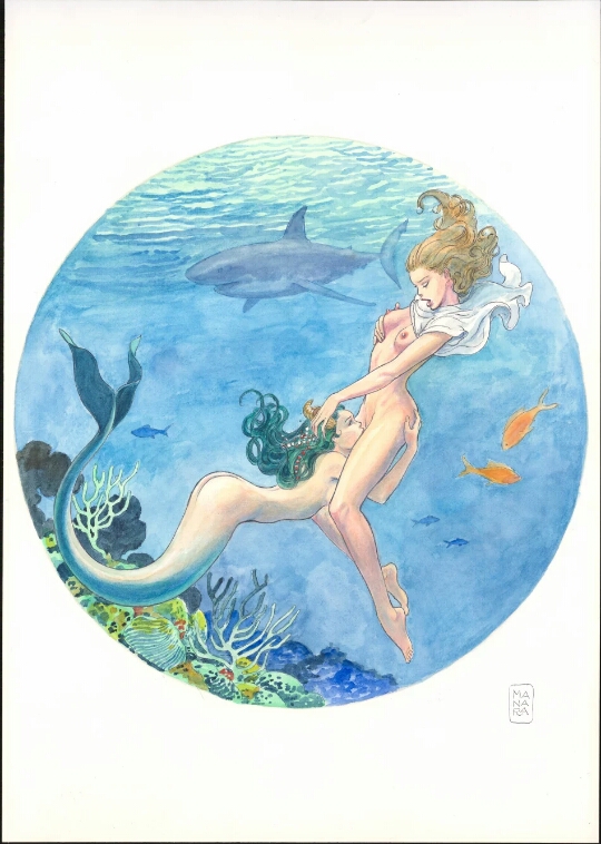 2girls ass blonde_hair breasts cunnilingus female female_only green_hair hair_ornament mermaid milo_manara multiple_girls ocean oral_sex yuri