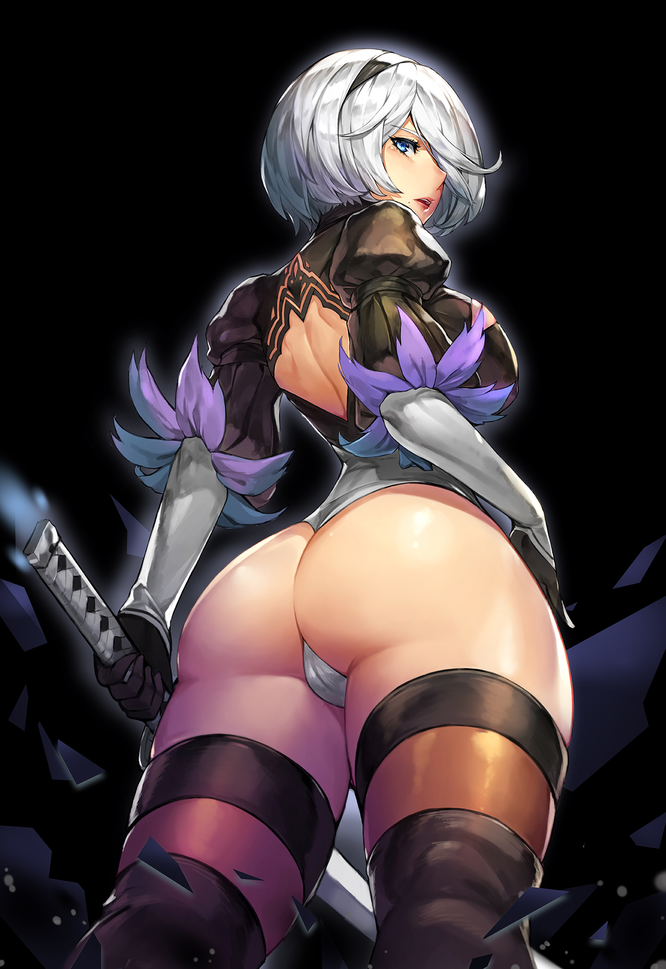 1girls, ass, big ass, cameltoe, female, female only, gurimjang, human, looking at viewer, looking back, nier, nier: automata, panties, pussy, solo, thighhighs, yorha 2b