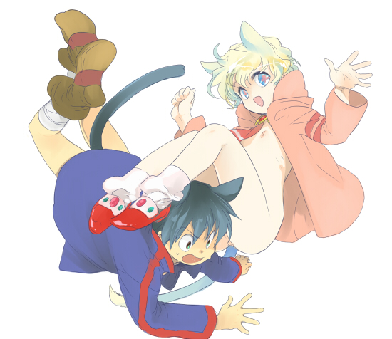 animal_ears blue_hair cat_ears cat_tail couple flat_chest footwear hoodie jacket kemonomimi_mode loose_socks multicolored_hair necktie nia_teppelin nipples nude open_mouth short_hair simon_(tengen_toppa_gurren_lagann) socks tail tengen_toppa_gurren-lagann tengen_toppa_gurren_lagann yuriko_(kkk9) yuriko_(pixiv63067)