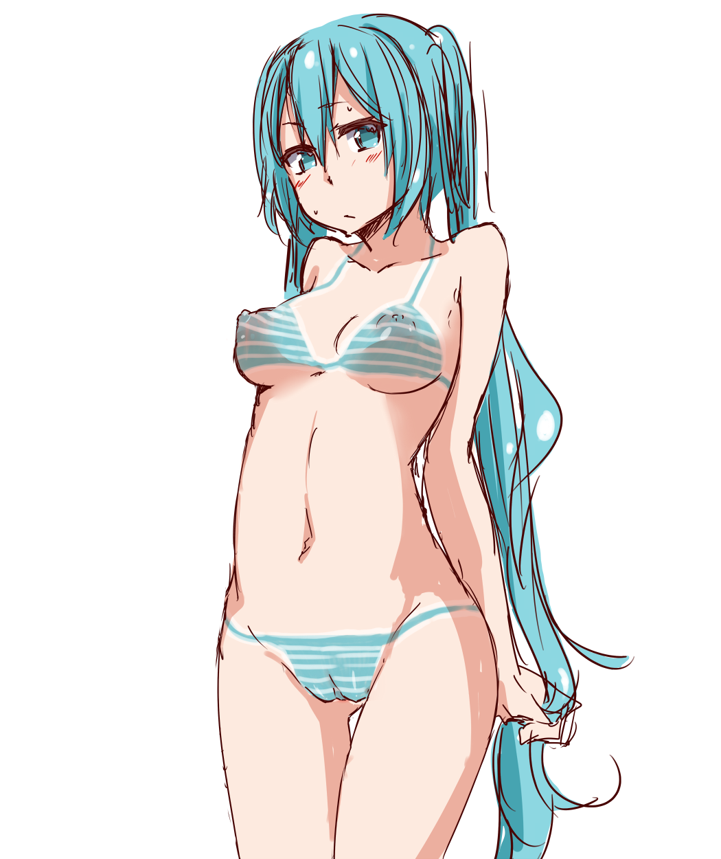 1girls aqua_eyes aqua_hair bodypaint bra breasts false_clothes female hatsune_miku highres long_hair mujakuma naked_paint nipples painted_clothes panties pussy simple_background solo striped striped_bra striped_panties tied_hair twintails uncensored underwear very_long_hair vocaloid white_background