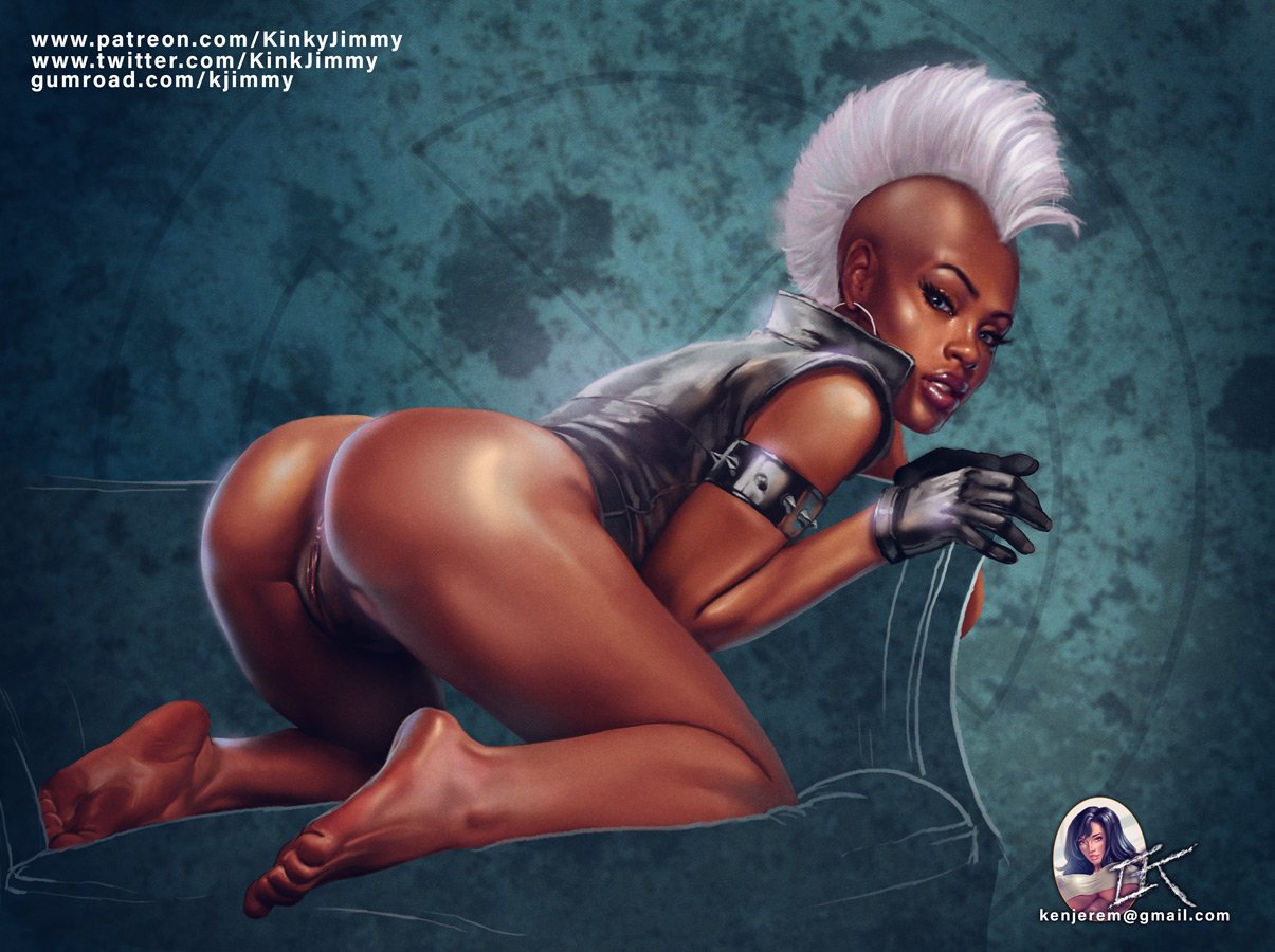 1girls artist_name artist_signature ass back_turned barefoot bending_over blue_eyes dark-skinned_female dark_skin dat_ass feet female female_only gloves kinkyjimmy kneeling labia legs marvel marvel_comics mohawk ororo_munroe soles solo storm_(x-men) vagina vest white_hair x-men