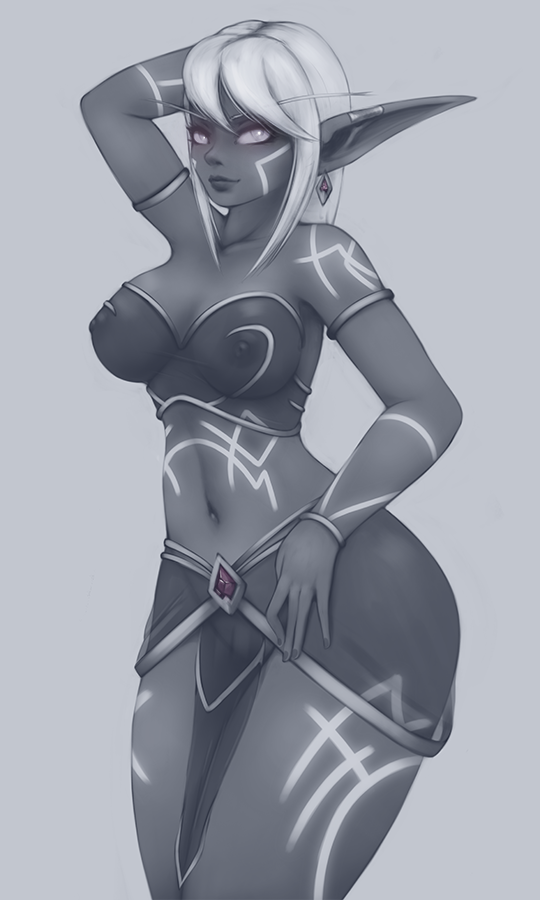 1girls, areolae, armlet, body markings, breasts, earrings, elf, erect nipples, female, female only, impracticalart, looking at viewer, monochrome, navel, nightborne, nipples, pelvic curtain, pointy ears, see-through, solo, world of warcraft