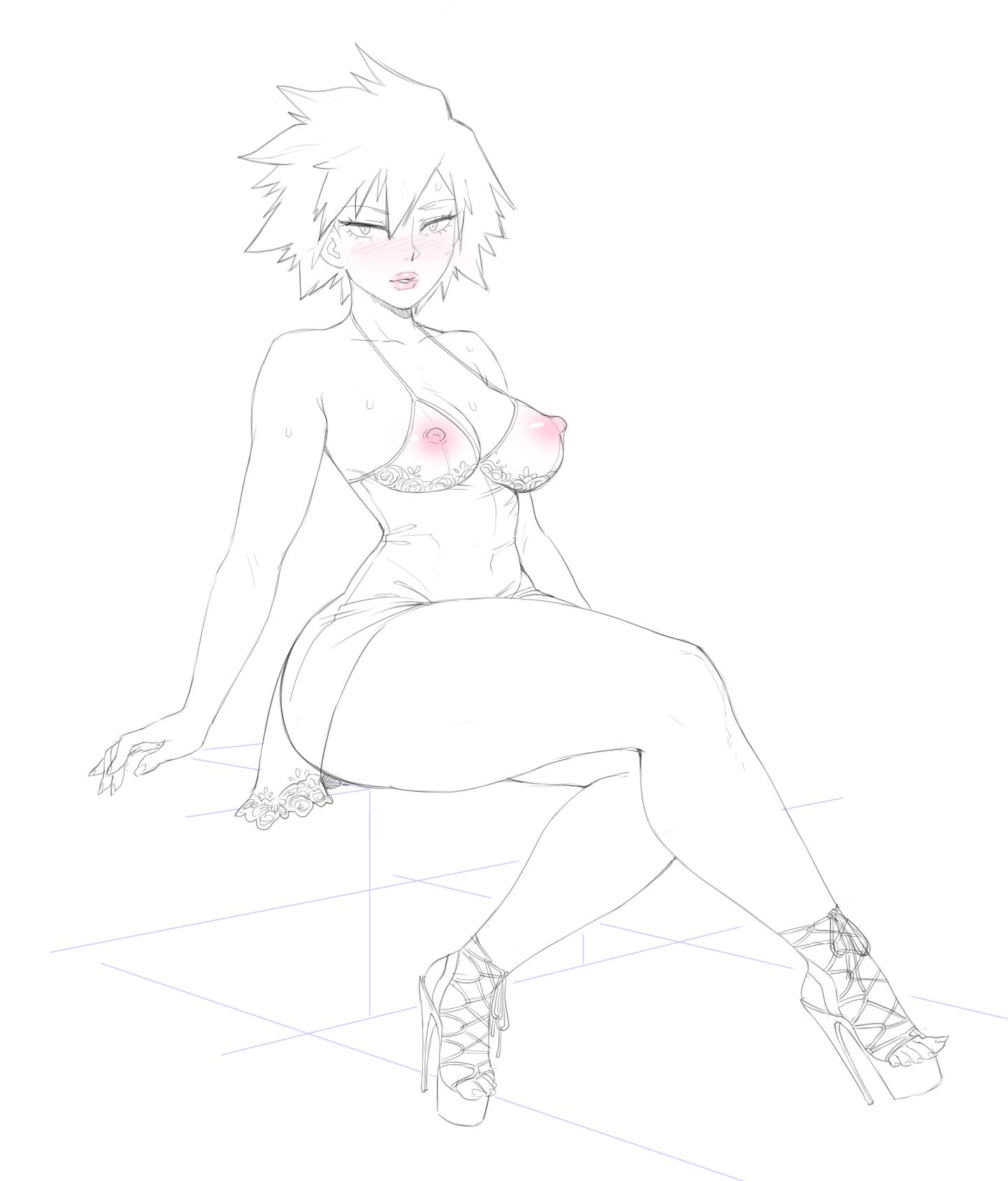 1girls, areolae, big breasts, breasts, female, female only, high heels, large breasts, legoman, light skin, light-skinned female, looking at viewer, mature female, milf, mitsuki bakugou, monochrome, mother, my hero academia, nipples, solo, very high heels