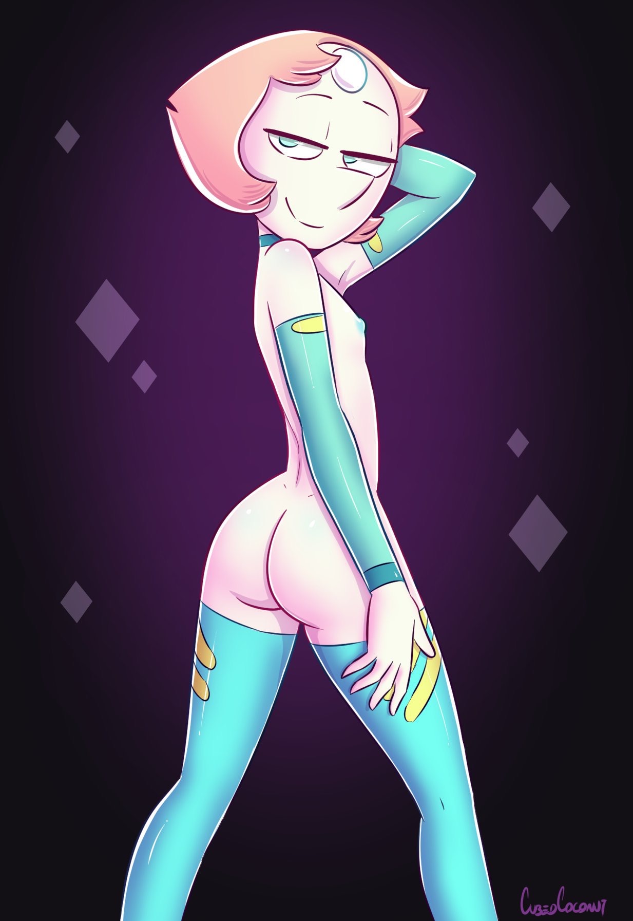 1girls, armwear, ass, blue eyes, breasts, cubedcoconut, female, female only, flat chest, gem, half-closed eyes, hand behind head, long gloves, looking at viewer, looking back, pearl (steven universe), pink hair, purple background, short hair, small breasts, solo, steven universe, stockings, thighhighs, white skin