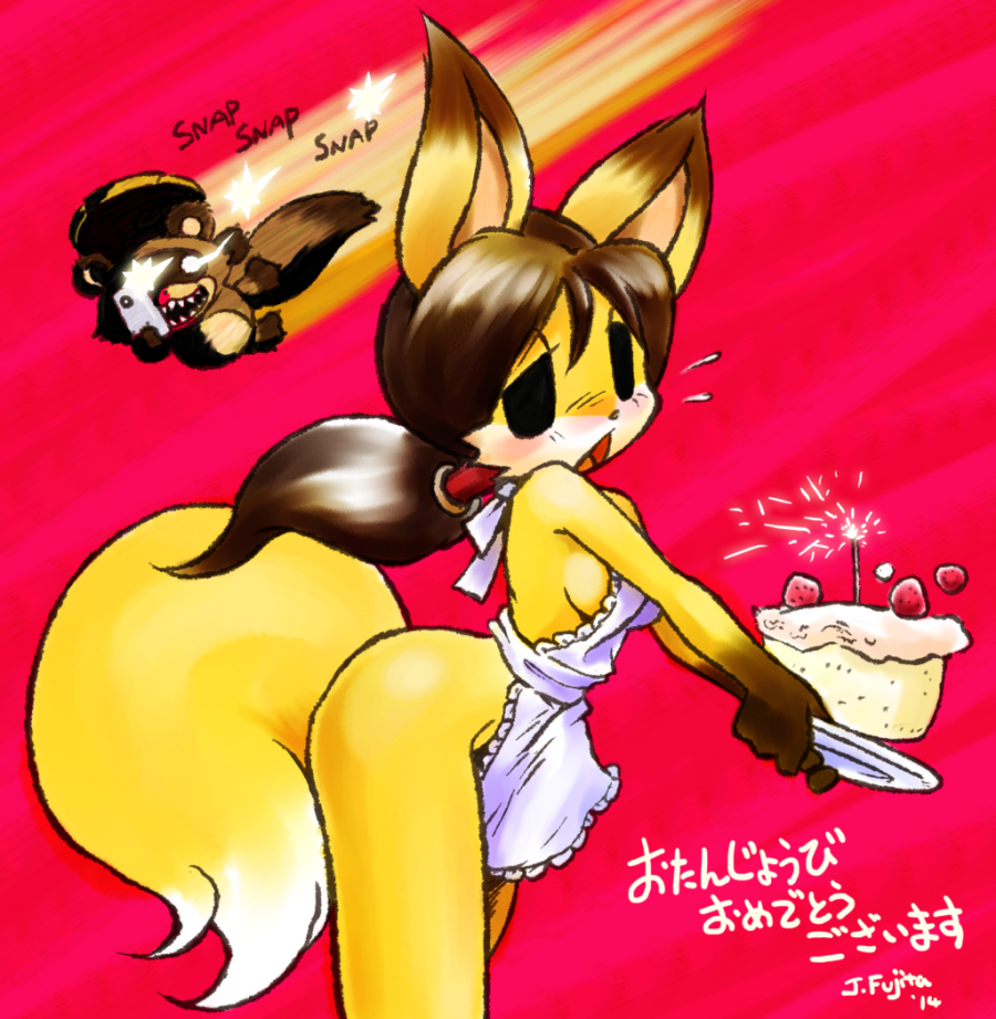 2014 anthro birthday_cake embarrassed fox j-fujita japanese_text kitsune naked_apron orange_fur sideboob smartphone sweat tagme tanooki translation_request