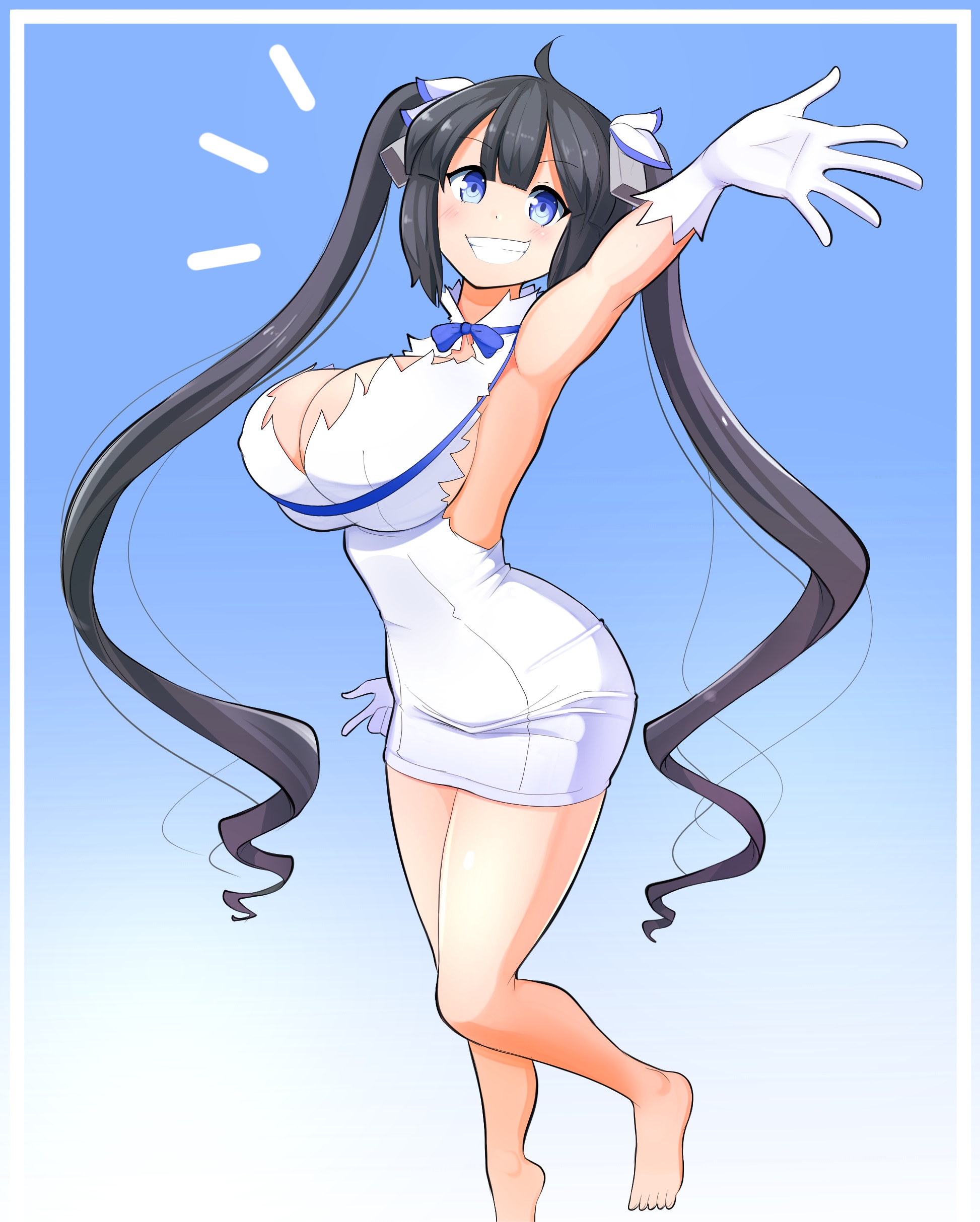 1girls, anime girl, armpit, bare shoulders, barefoot, big breasts, black hair, black hair female, black-haired female, blue background, blue eyes, blue eyes female, blue ribbon, blue-eyed female, blush, blush lines, blushing, breasts, cleavage, dungeon ni deai wo motomeru no wa machigatteiru darou ka, eyebrows, eyebrows visible through hair, feet, female, female focus, female only, full body, gloves, grin, grinning, hestia (danmachi), large breasts, legs, light skin, light-skinned female, long hair, looking at viewer, one arm up, pale skin, pale-skinned female, rei no himo, ribbon, smile, smiling, solo, solo female, solo focus, teeth, theycallhimcake, thighs, twintails, very long hair, white border, white gloves