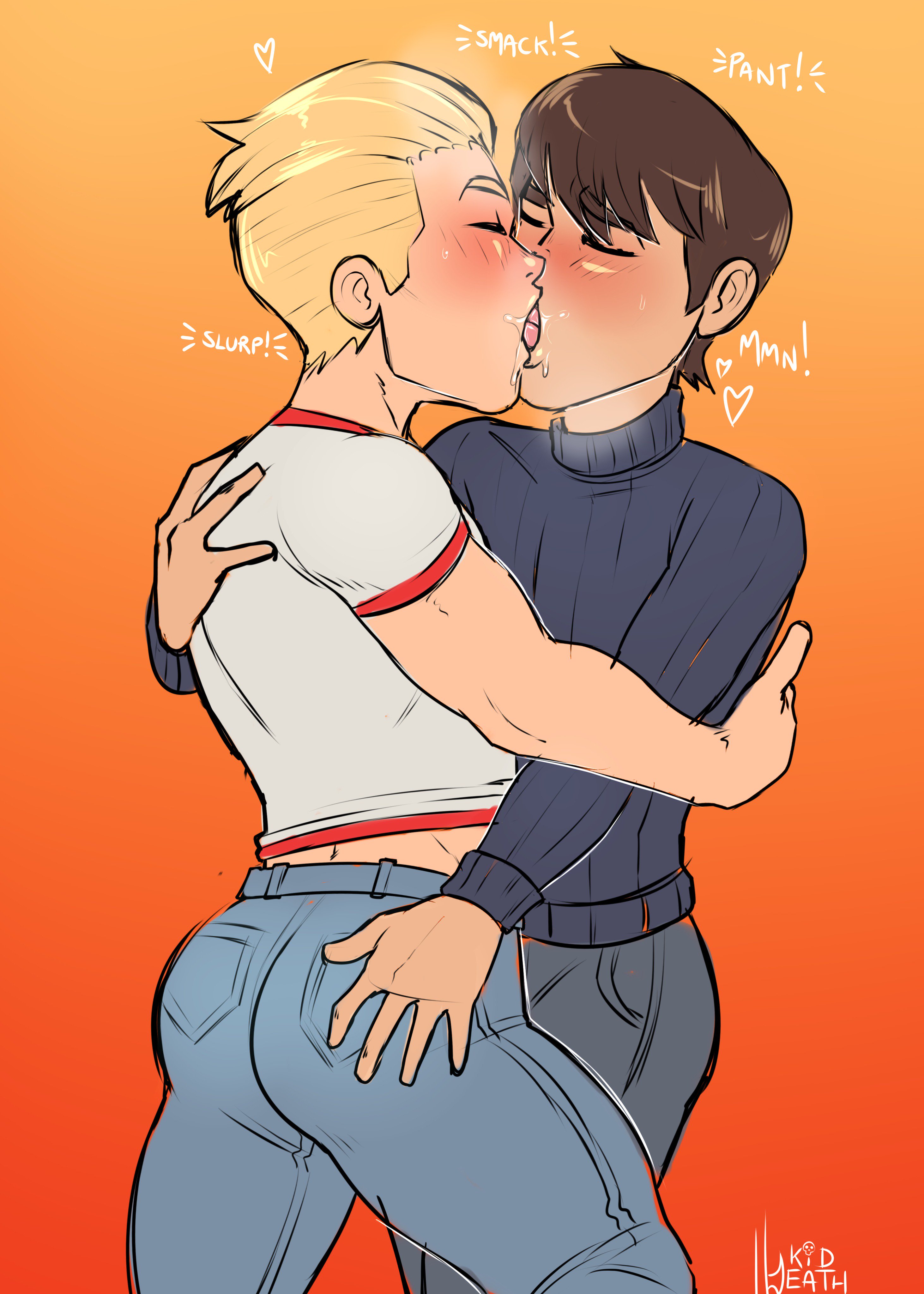 2018, 2boys, 5 fingers, ass, ass grab, ass grab from front, blonde hair, blue jeans, blue pants, blush, brown hair, bubble ass, bubble butt, butt grab, closed eyes, clothed, clothes, clothing, color, dash parr, digital media (artwork), disney, duo, ear, eyebrows visible through hair, face, french kiss, gay, hands, hay, highres, holding, hugging, human, jeans, kiddeathx (artist), kissing, light skin, light-skinned male, male, male only, male/male, mouth, multiple boys, multiple males, muscles, muscular, muscular ass, muscular butt, muscular male, muscular thighs, nose, open mouth, orange background, pale skin, pale-skinned male, pants, pixar, plain background, purple shirt, saliva, short hair, smooth skin, sound effects, t-shirt, teenage male, the incredibles, tight clothes, tight clothing, tight jeans, tight pants, tongue, tongue out, tony rydinger, turtleneck, uncensored, white shirt, white t-shirt, yaoi
