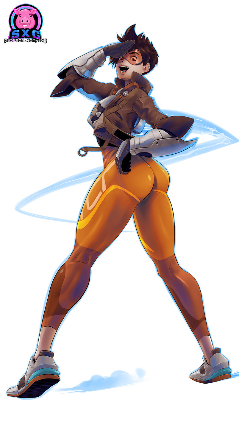 ass, big breasts, breasts, chronal accelerator, clothed female, female, female focus, female only, orange-tinted eyewear, overwatch, overwatch 2, sexgazer, solo, solo female, solo focus, thick thighs, tinted eyewear, tracer, tracer (overwatch 2 suit), visor
