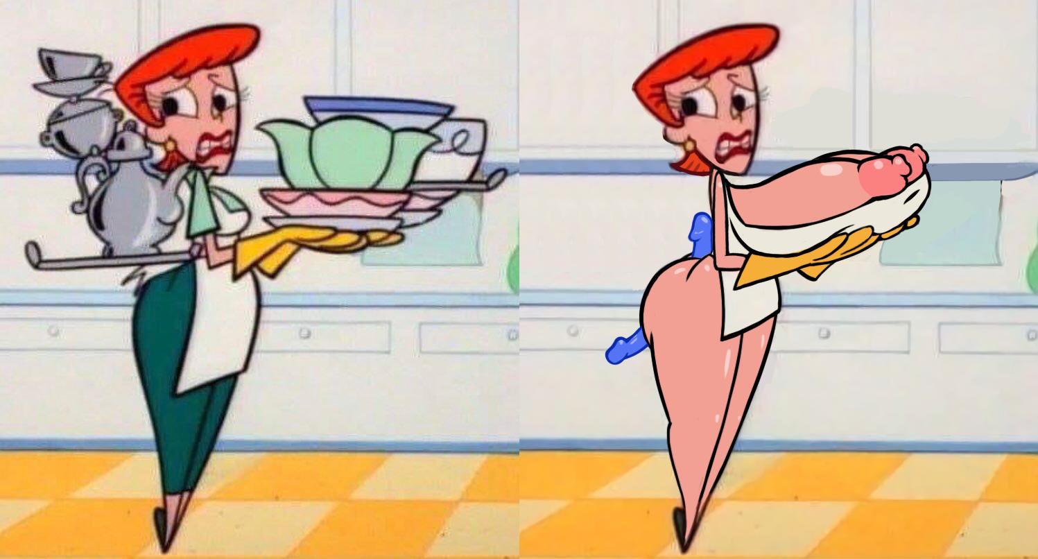 breasts, dexter's laboratory, dexter's mom, double dildo, edit, female, gigantic nipples, gloves, hot dogging, hyper breasts, kitchen, latex, latex gloves, monkeyman (artist), naked apron, nervous, puffy nipples, screenshot, screenshot edit, yellow gloves