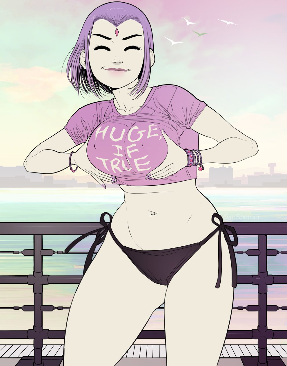 1girls, alternate breast size, bare legs, big breasts, bikini bottom, bracelet, breast squeeze, breasts, busty, closed eyes, clothed, clothed female, clothes, clothing, color, colored, colored nails, crop top, cute, dc, dc comics, erect nipples, eyes closed, female, female focus, female only, forehead jewel, large breasts, lipstick, makeup, midriff, msperoni, nail polish, navel, nipple bulge, nipples, nipples visible through clothing, painted nails, pink lips, pink lipstick, purple hair, purple nail polish, purple nails, rachel roth, raven (dc), short hair, side-tie bikini, smile, solo, standing, straight hair, superheroine, t-shirt, tagme, teen titans, thick thighs, triplexmile, wide hips