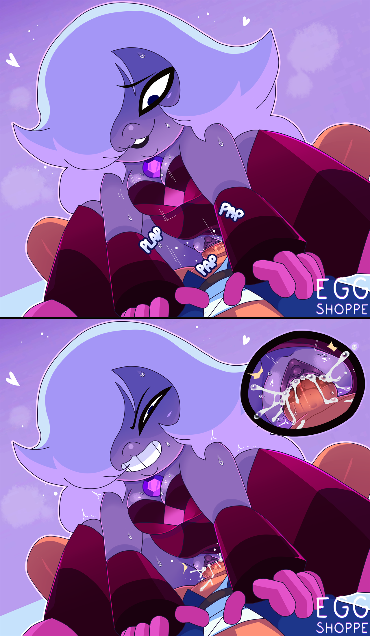 1boy, 1girls, amethyst (steven universe), artist name, breasts, cartoon network, cleavage, clenched teeth, clitoris, close-up, cum, cum in pussy, cum inside, eggshoppe, ejaculation, eyeshadow, female, female focus, gem (species), hair over one eye, heart, highres, lips, male, male penetrating, onomatopoeia, open mouth, penetration, purple hair, purple skin, pussy, sex, steven universe, straight, sweat, vagina, vaginal penetration, wincing