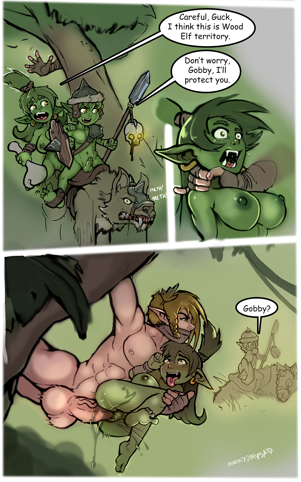 1girls, 2boys, abs, ahegao, areolae, balls, big balls, big penis, breasts, elf, fangs, female, female orgasm, fucked silly, goblin, goblin female, green hair, green skin, long ears, long hair, male, markydaysaid, monster girl, muscular, muscular male, neck grab, nipples, nude, on side, pale skin, penetration, penis, penis size difference, piercing, pleasure face, pussy, pussy juice, questionable consent, rape, sex, short hair, size difference, small penis, spoils of war, squirting, straight, tongue piercing, vaginal penetration, veiny penis, weapon