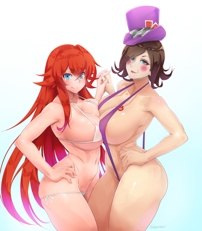 2girls absurdly_long_hair bangs big_breasts bikini blue_eyes blush boobs_bang borderlands borderlands_2 bra breasts brown_hair busty cleavage crossover curvaceous curvy eastern_and_western_character eyeshadow female female_only hand_on_hip hat high_school_dxd highlights holding_hands huge_breasts large_breasts leg_between_thighs lipstick long_hair looking_at_viewer mad_moxxi makeup mascara mole mole_above_mouth multiple_girls navel nipple_bulge panties panties_down partially_visible_nipples pink_highlights pinup purple_bikini purple_hat red_hair red_lips red_lipstick redhead rias_gremory short_hair sling_bikini smile smiling standing stormcow string_bikini swimsuit thick_thighs thighs thong voluptuous white_background white_bra white_panties white_thong