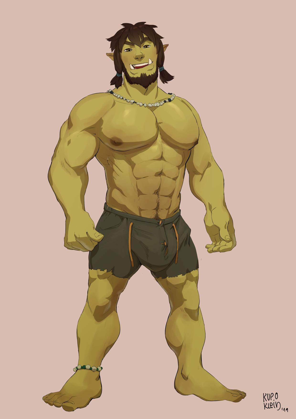 1boy abs anklet bara beard big_bulge bulge green_skin hair_tie kupo_klein male male_only muscular necklace orc shirtless shorts tusks