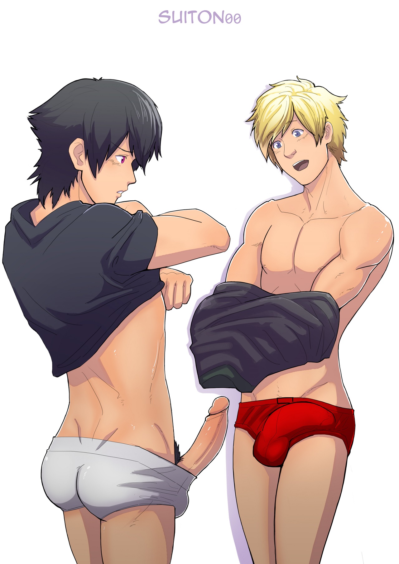 2boys, ass, black hair, blonde hair, blue eyes, bulge, erection, gay, jaune arc, lie ren, male, male only, multiple boys, multiple males, open mouth, penis, purple eyes, rwby, short hair, suiton, underwear, undressing, yaoi