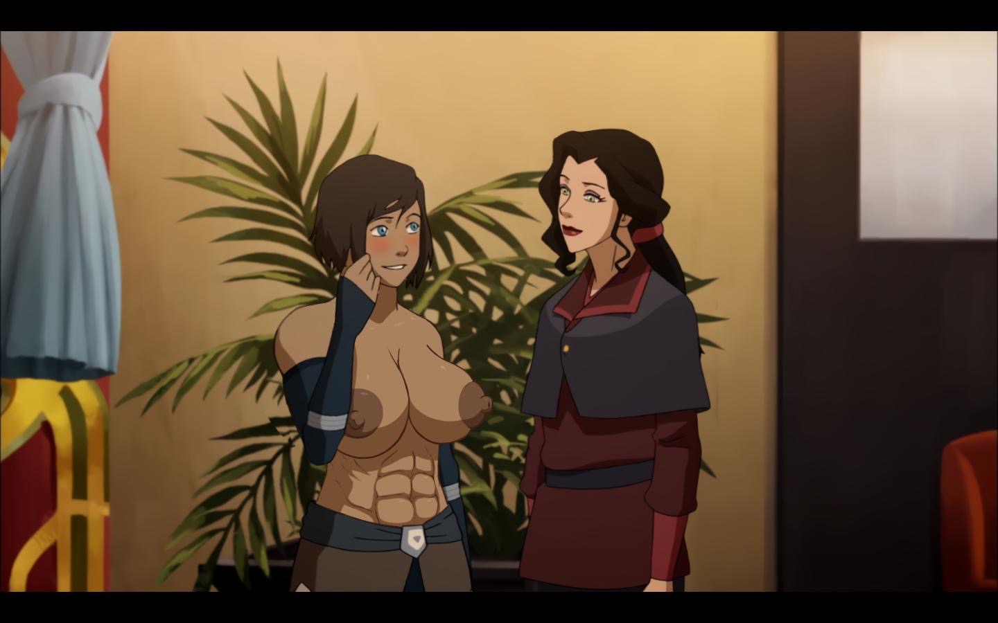 2girls, abs, alternate breast size, asami sato, avatar legends, black border, blue eyes, blush, breasts, brown hair, canon couple, clothed, clothing, dark nipples, dark skin, dark-skinned female, edit, eye contact, female, female only, fit, fit female, half-closed eyes, huge breasts, korra, large breasts, lipstick, monkeyman (artist), muscular, muscular female, nude filter, screenshot, screenshot edit, smile, smooth skin, source request, the avatar, the legend of korra, topless, water tribe, yuri