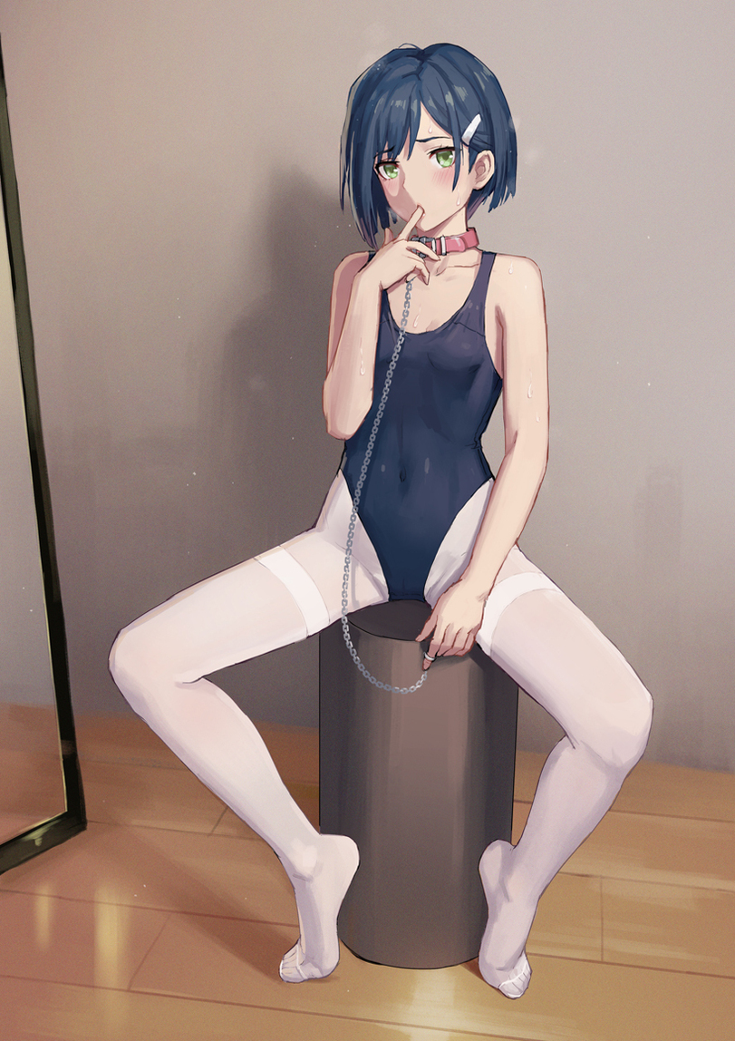 1girls axfa blue_hair blush cameltoe clothed collar darling_in_the_franxx female female_only green_eyes hairclip ichigo_(darling_in_the_franxx) leash licking_finger light-skinned_female light_skin looking_at_viewer mool_yueguang pantyhose pantyhose_under_swimsuit short_hair small_breasts solo spread_legs swimsuit white_pantyhose