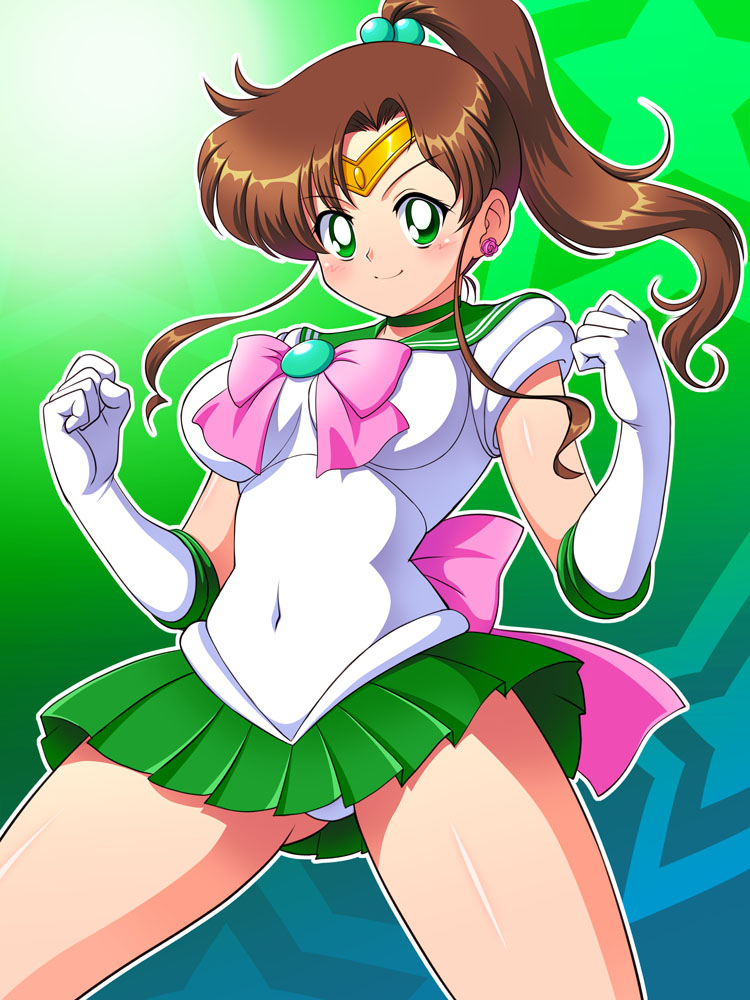 big_breasts bishoujo_senshi_sailor_moon breasts brown_hair clothed clothing female female_only gloves green_eyes green_skirt jewelry leotard makoto_kino panties pantyshot ponytail pose sailor_collar sailor_jupiter serafuku short_skirt skirt small_breasts solo tanuki_yousuke thick thighs tiara