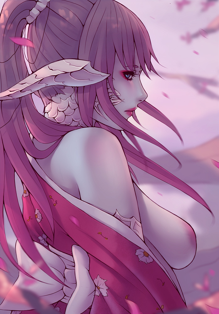 1girls, areolae, au ra, breasts, female, female only, final fantasy, final fantasy xiv, looking at viewer, looking back, nipples, raen, solo, soranamae