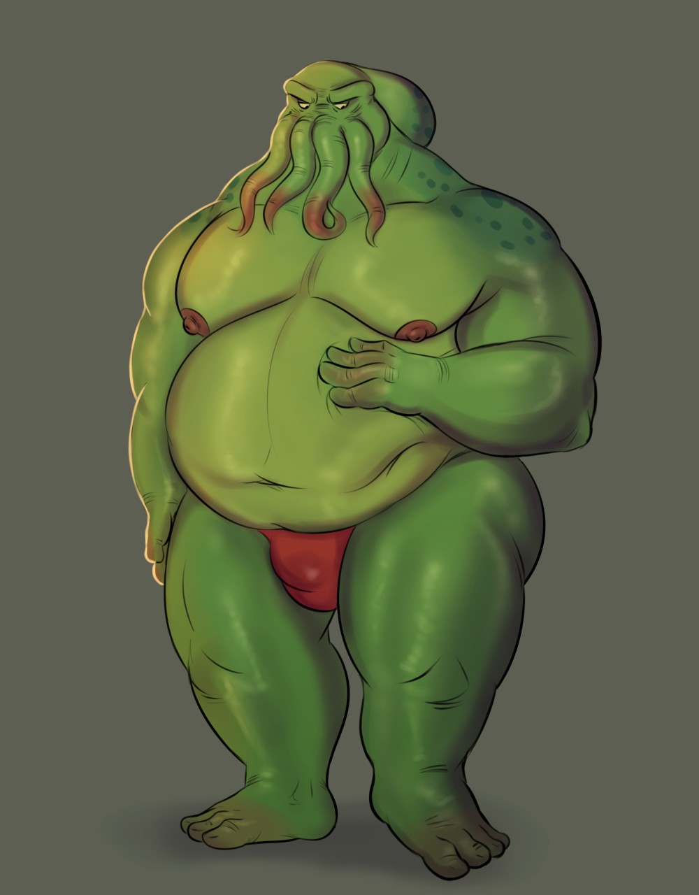 anthro, bulge, cephalopod, chubby, clothing, cthulhu, cthulhu mythos, gatorbeast, h.p. lovecraft, male, male only, moobs, musclegut, muscular, nipples, octopus, pecs, solo, thong, topless, underwear