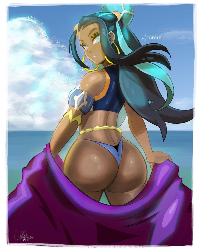 10s, 1girls, 2019, aqua hair, armpits, ass, ass crack, back, bare shoulders, beach, big ass, big eyes, bikini, blue background, blue eyes, blue hair, breasts, butt crack, clothed, clouds, dark skin, dark-skinned female, day, earrings, eye contact, eyelashes, female, female only, hair ornament, half-closed eyes, holding, hoop earrings, human, large ass, long hair, looking at viewer, looking back, nessa (pokemon), nintendo, ocean, oddabellatay, outdoors, pokemon, pokemon ss, pose, shiny skin, sky, source request, standing, teeth, text, thick thighs, thigh gap, todd l. milhouse, toddabella, towel, water, watermark, white border, wide hips