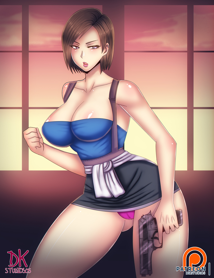 1girls, big breasts, blue eyes, breasts, brown hair, clothed female, dkstudios05, female, female focus, female only, jill valentine, jill valentine (julia voth), mature female, nipples, nipples visible through clothing, resident evil, resident evil 3, short hair, solo, solo female, solo focus, tubetop
