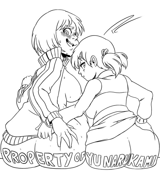 2girls ass big_ass big_breasts bottomless breasts dojima_nanako female human jacket lineart looking_back monochrome mostly_nude outerwear persona persona_4 pleasure_castle property satonaka_chie sportswear sweat sweating sweaty_ass tomboy topwear track_jacket twintails