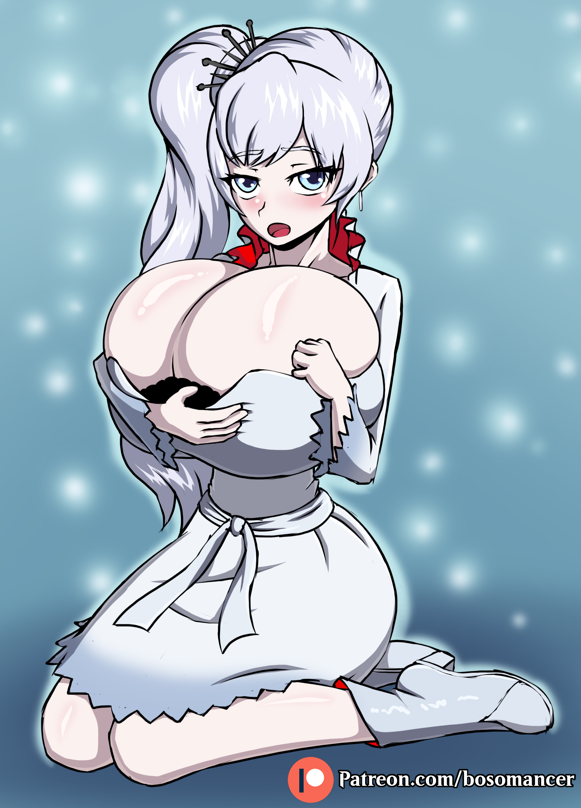 1girls, big breasts, blue eyes, blush, boots, bosomancer, breasts, busty, cleavage, dress, female, gigantic breasts, huge breasts, large breasts, pale skin, patreon, patreon username, ponytail, rwby, shiny breasts, shiny hair, shiny skin, url, voluptuous, weiss schnee, white hair