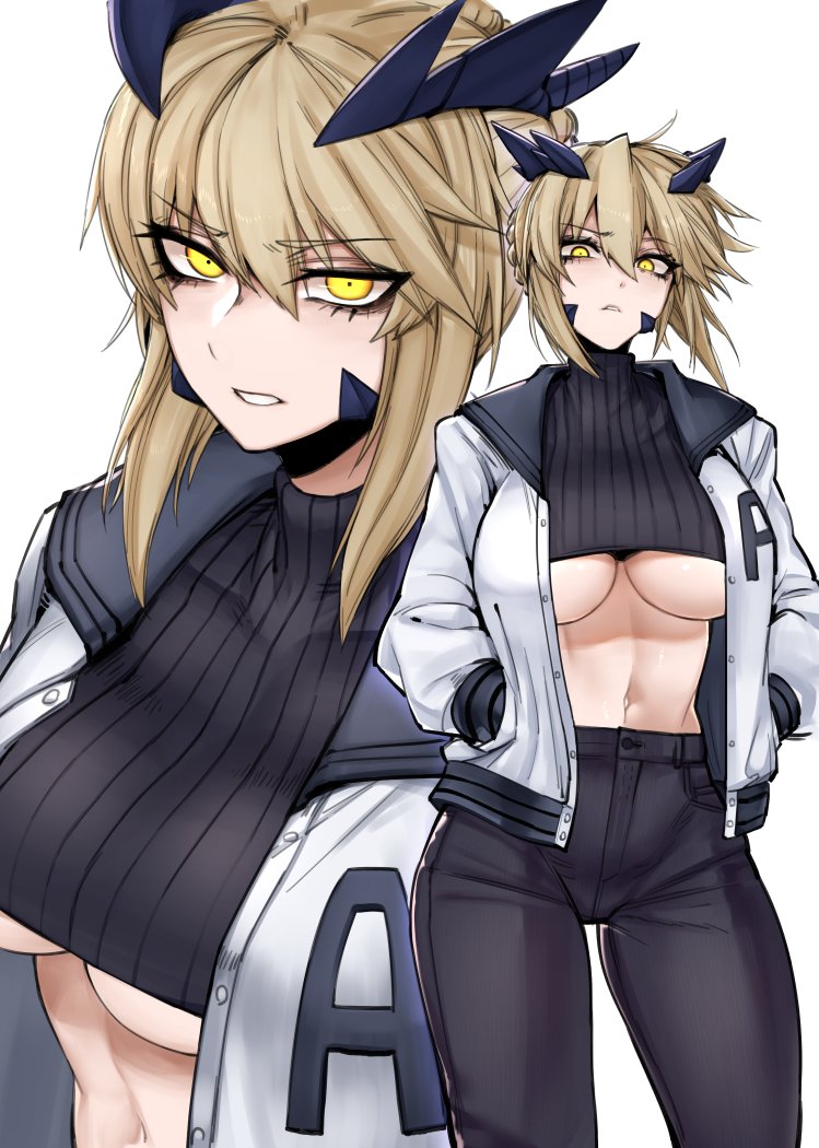 alternate_costume artoria_pendragon artoria_pendragon_(lancer_alter) big_breasts blonde_hair casual cleavage fate/grand_order fate_(series) hair_bun hands_in_pockets j.k. jacket looking_at_viewer midriff navel short_hair spikes sweater underboob yellow_eyes