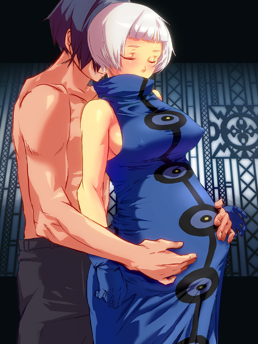 1boy, 1girls, after sex, arisato minato, aurastack, blue hair, breasts, closed eyes, clothed female, clothed female nude male, clothing, elizabeth (persona), erect nipples, female, hand on another's stomach, hands, hands on stomach, holding belly, makoto yuki, male, minato arisato, muscular, muscular male, nipples, pants, persona, persona 3, pregnant, shirtless, sideboob, smiling, white hair