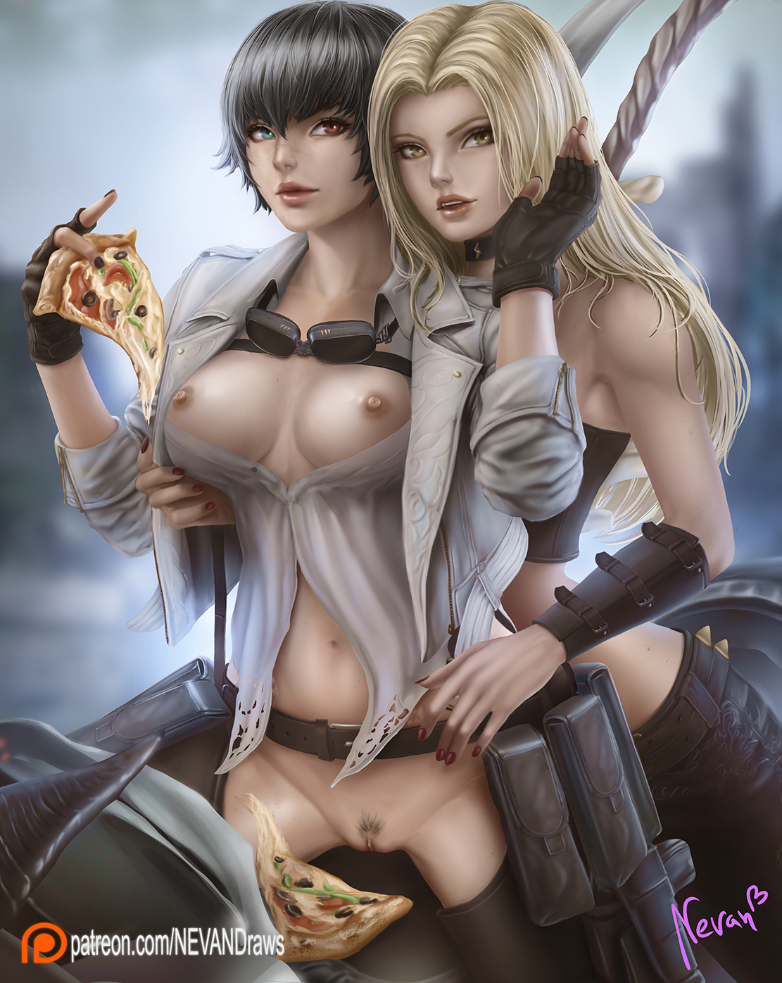 2d, 2girls, areolae, artist name, big breasts, black hair, blonde hair, blouse, breasts, capcom, clothing, collared blouse, collared shirt, devil may cry, devil may cry (series), devil may cry 5, eyewear removed, female, female only, female pubic hair, hair, heterochromia, lady (devil may cry), long hair, multiple females, multiple girls, nevandraws, nipples, patreon, pizza, pubic hair, pussy, shirt, trish (devil may cry), url, video games, yuri