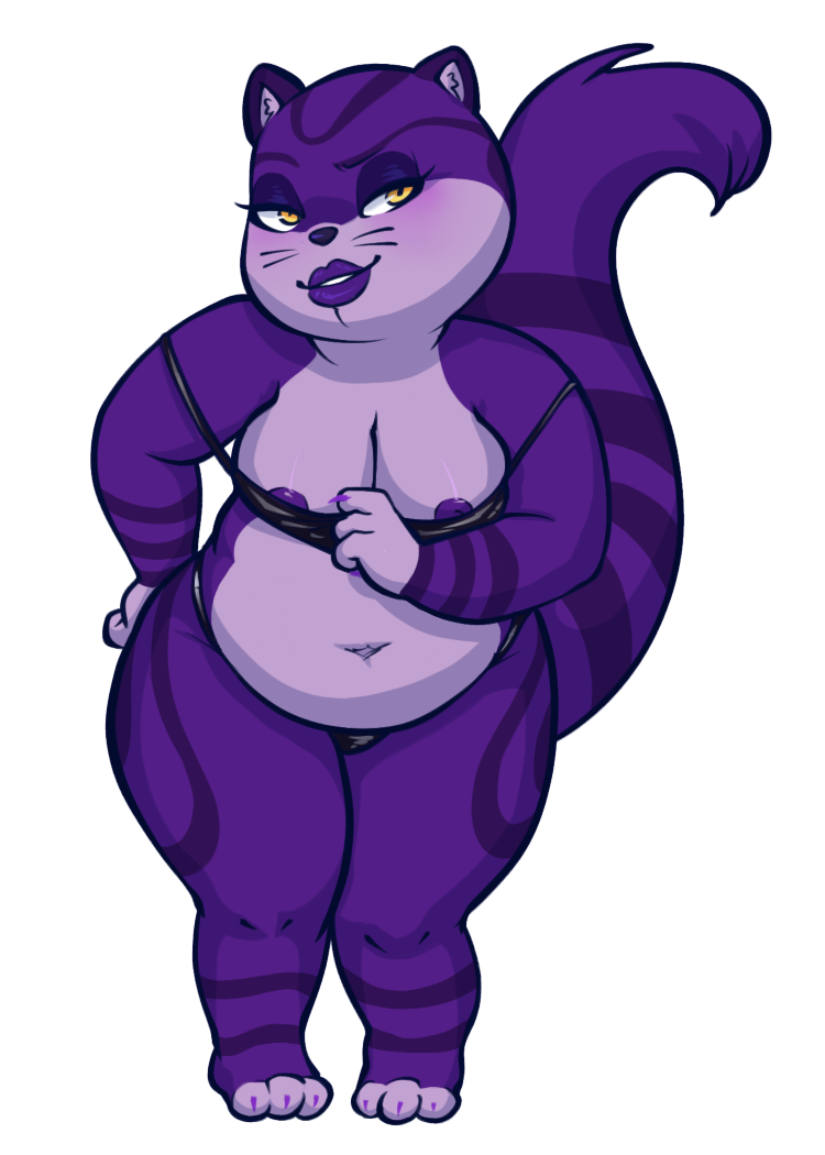 1girls anthro belly belly_button big_mouth_(tv_series) big_mouth_(universe) big_tail black_bra blush bra breasts chubby depression_kitty feline female fur furry furry_only huge_thighs lips lipstick nipple_slip nipples no_humans obese overweight purple_fur purple_lipstick seductive solo stomach stomach_bulge striped_fur tail thick thick_thighs thighs transparent_background underwear whiskers yellow_eyes