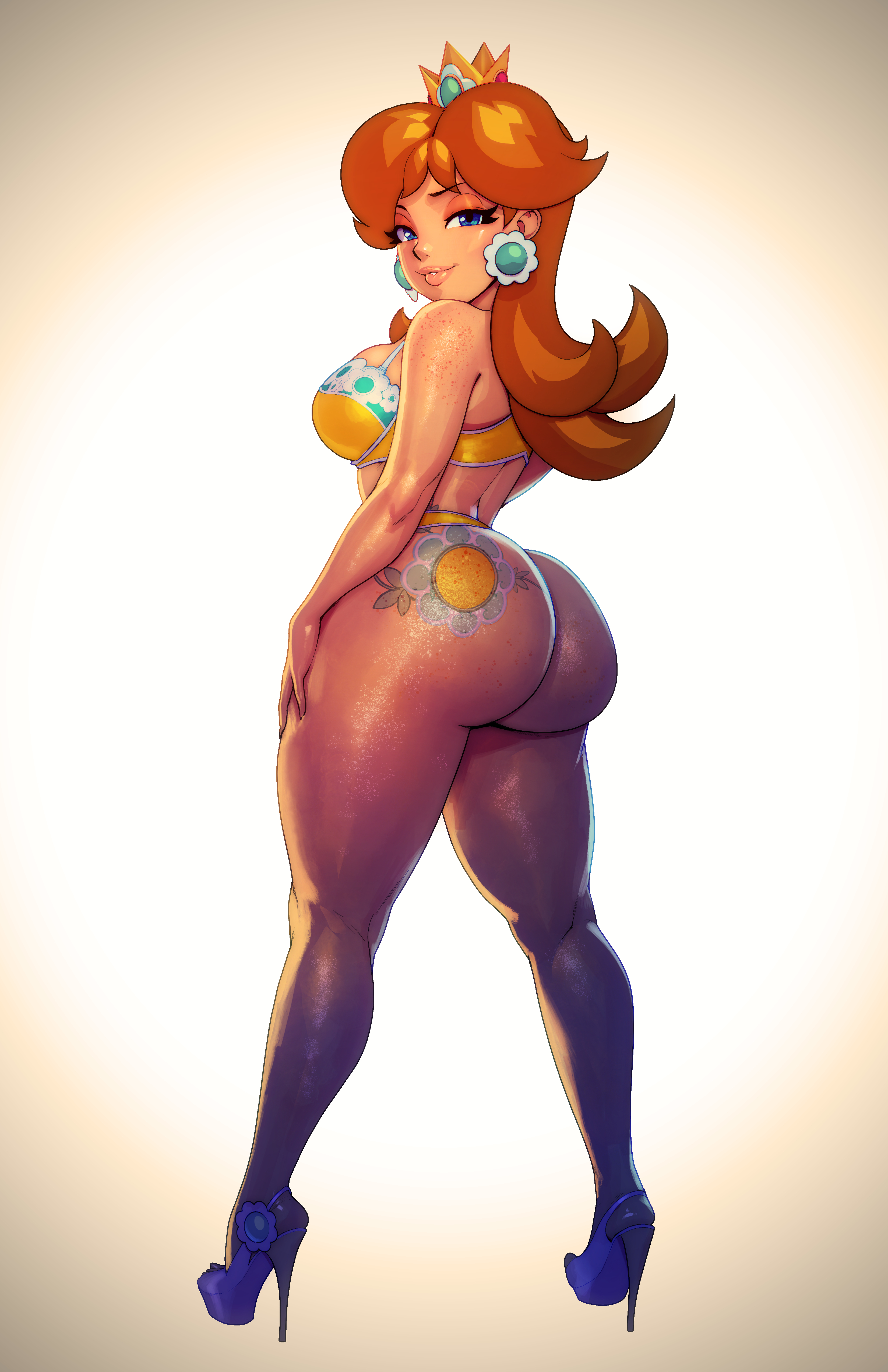 1girls, alternate breast size, ass, ass tattoo, back, big ass, big breasts, bimbo, blue eyes, bra, breasts, brown hair, bubble ass, bubble butt, crown, curvy, earrings, eyelashes, eyeliner, eyeshadow, female, female only, freckles, full body, heels, high heels, hourglass figure, huge ass, human, large breasts, lingerie, lipstick, long hair, looking at viewer, looking back, makeup, mario (series), negarobo, nintendo, panties, princess daisy, seductive, seductive look, seductive smile, sexually suggestive, simple background, smile, solo, standing, stiletto heels, thick thighs, thighs, underwear, underwear only, very high heels, voluptuous, wide hips, yellow bra, yellow panties