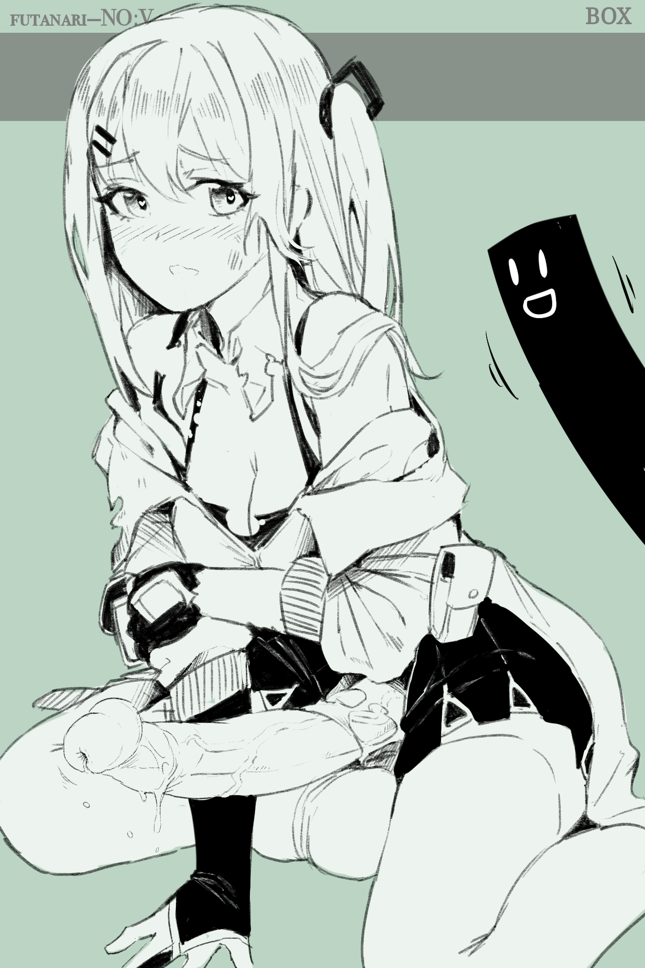 1futa, balls, big balls, big testicles, black and white, blush, box20502017, breasts, faceless male, futa only, futanari, girls' frontline, huge balls, huge cock, huge testicles, intersex, k2 (girls' frontline), long penis, male, no panties, open clothes, penis, penis out, sitting, skirt, small breasts, sweater, tagme, testicles, torn clothes, torn pantyhose, uncensored