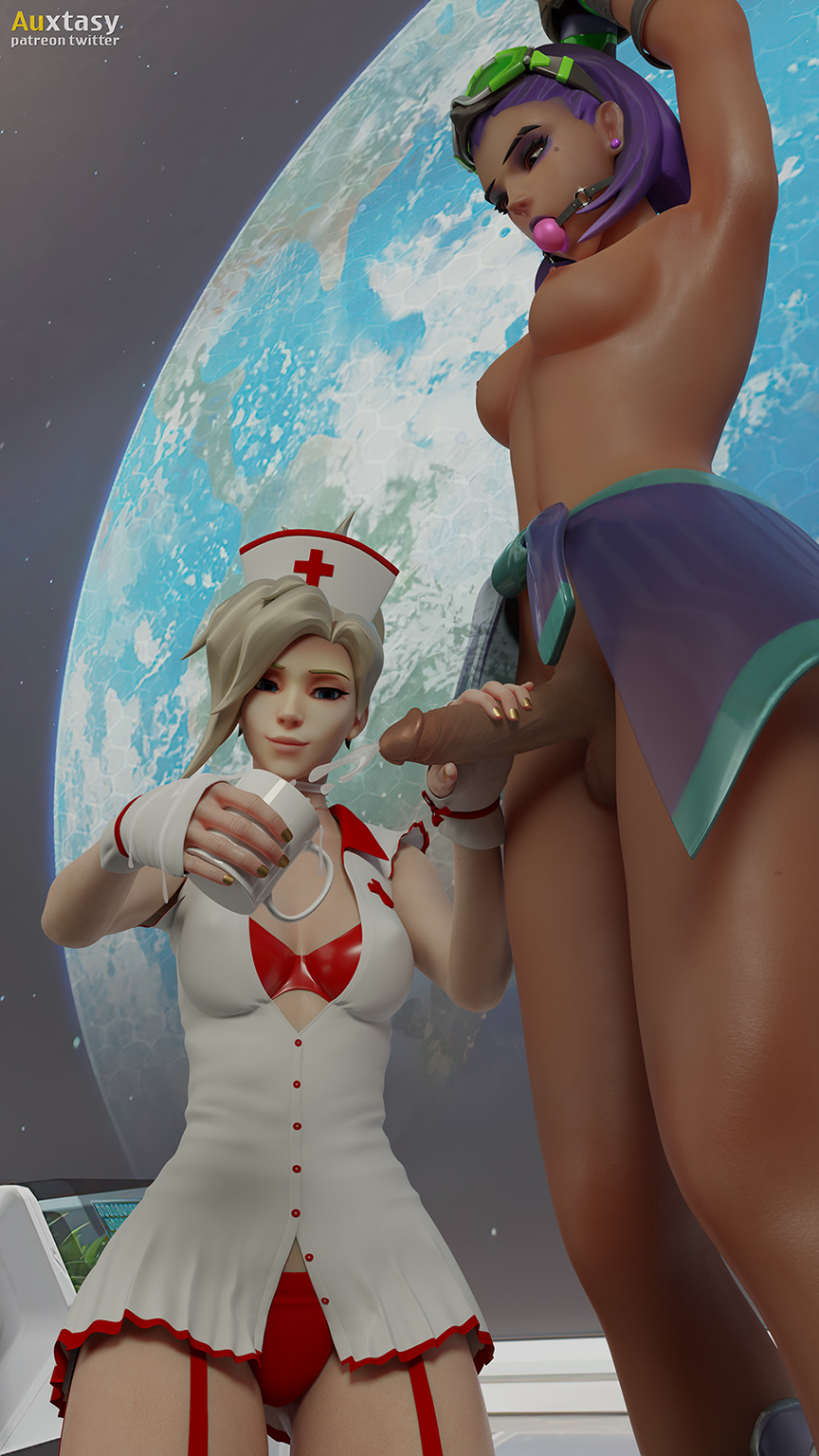 1futa 3d auxtasy ball_gag bondage cum cumshot dark-skinned_futanari dark_skin female female_on_futa futanari gag handjob intersex mercy nurse overwatch penis sombra tulum_sombra