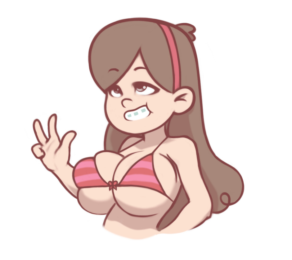 1girls, alternate breast size, bikini, bikini top, braces, breasts, brown eyes, brown hair, brunette, carelessbakery, cleavage, clothed female, color, cowlick, cute, disney, disney channel, disney xd, eyebrows, eyebrows visible through hair, female, female only, front view, gravity falls, headband, human, large breasts, long hair, mabel pines, overflowing breasts, peace sign, plain background, red bikini, red headband, simple background, slightly chubby, smile, solo, straight hair, swimsuit, underboob, v, white background, white female, young
