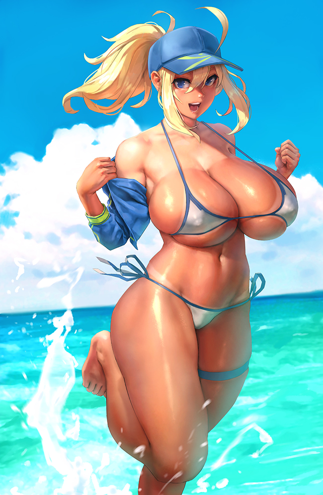 1girls, ahoge, ahoge through hat, artoria pendragon, barefoot, baseball cap, beach, bikini, blonde hair, blue eyes, breasts, eu03, fate (series), fate/grand order, feet, female, hat, huge breasts, jacket, micro bikini, mysterious heroine xx (foreigner), ponytail, shiny, solo, swimsuit, tan, thick thighs, thigh strap, voluptuous, wide hips