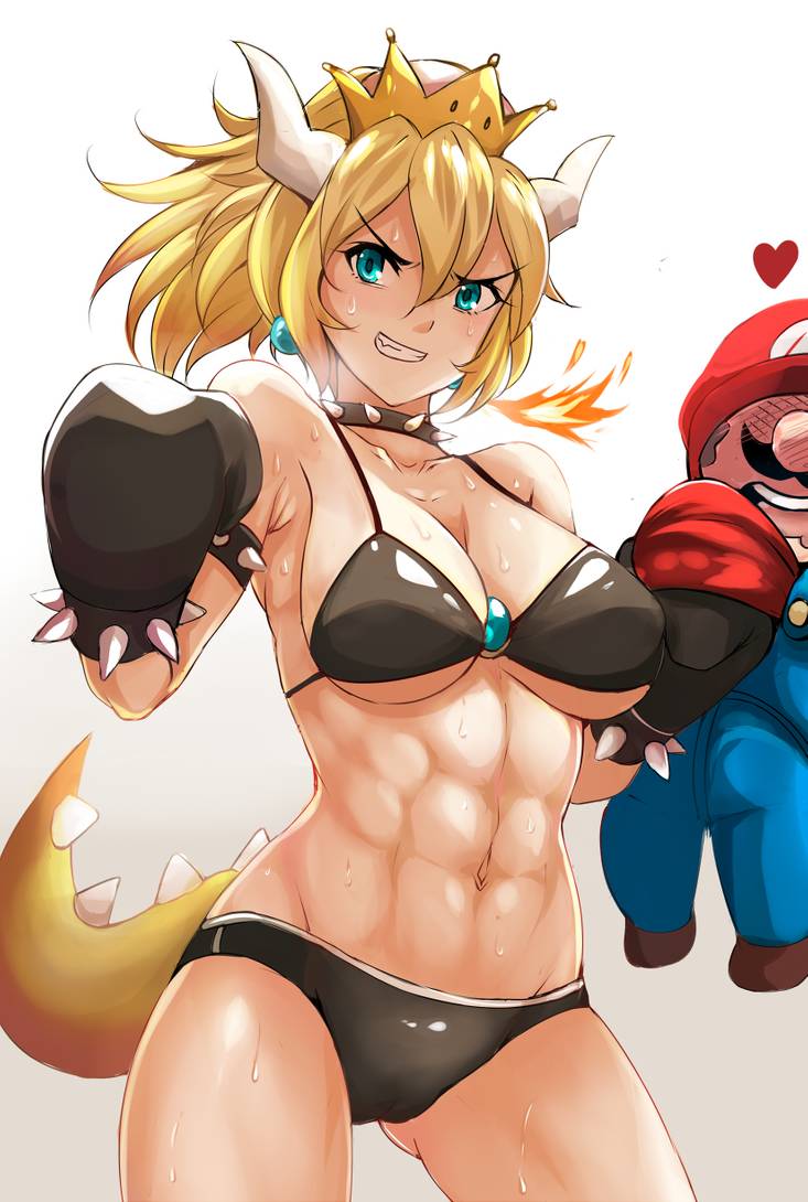 1boy 1girls abs ass_visible_through_thighs bikini black_bikini black_boxing_gloves black_gloves blonde_hair blue_eyes bowsette boxing boxing_gloves bra breasts breathing_fire brooch cape choker cleavage clothed_male collar crown duo earrings eyebrows_visible_through_hair fangs female female_focus gloves hair_between_eyes heart horns human human_only jewelry light-skinned_female light-skinned_male light_skin looking_at_viewer male mario mario_(series) muscular_female mustache new_super_mario_bros._u_deluxe nintendo nonoririn open_mouth overalls panties pearl_earrings ponytail rule_63 shirt shirt_up shoes simple_background smile spiked_armlet spiked_bracelet spiked_choker spiked_collar spiked_tail super_crown super_mario_bros. sweat tail teeth thick thick_thighs thighs tied_hair wide_hips