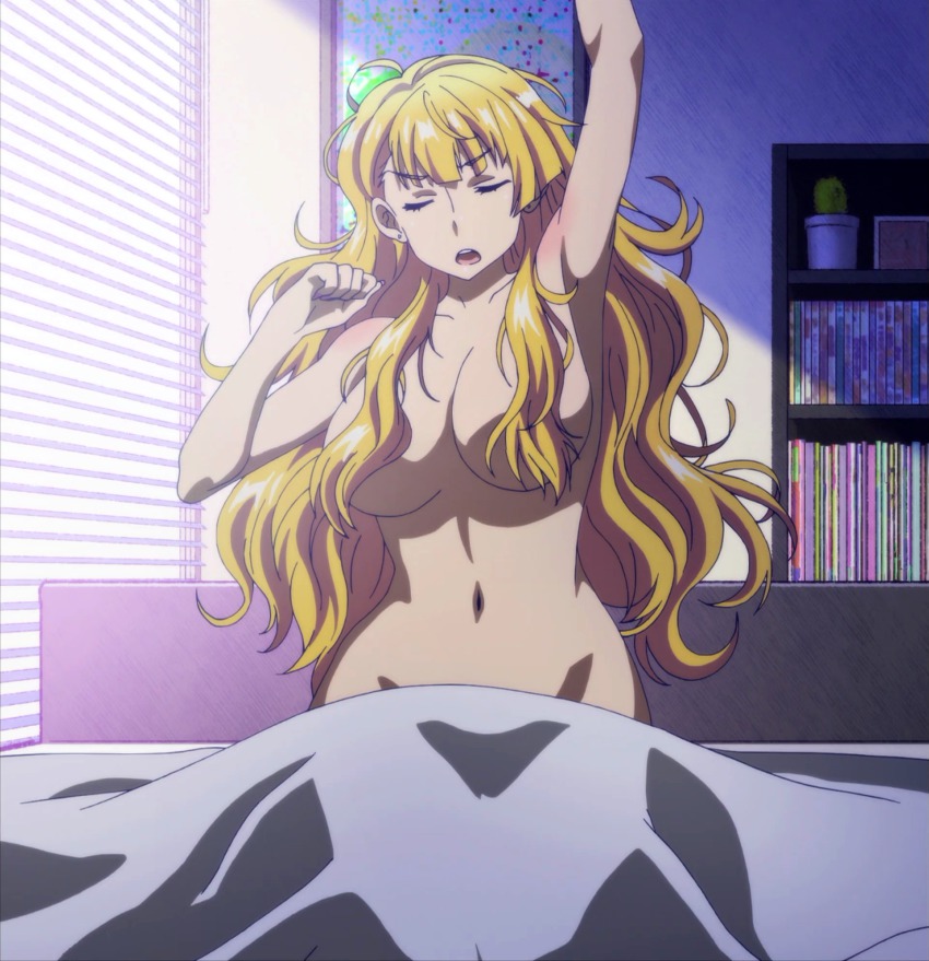 1girls, arm up, armpits, bare shoulders, bed, bedroom, blanket, blonde hair, breasts, censored breasts, censored nipples, closed eyes, collarbone, convenient censoring, curvy, earrings, edit, eyebrows visible through hair, eyelashes, female, female focus, female only, galko, hair censor, hair over breasts, highres, hips, human, jewelry, large breasts, long fingernails, long hair, nail polish, navel, nipple censor, nude, open mouth, oshiete! galko-chan, screencap, screenshot, screenshot edit, solo, solo female, stitched, stretching, teeth, third-party edit, tongue, voluptuous, wide hips