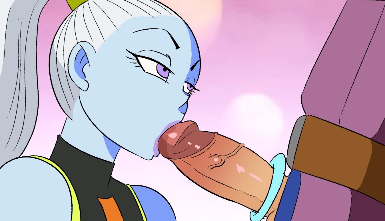 1boy, 1girls, angel (dragon ball), beige penis, beige skin, blue skin, cabba, cock ring, dragon ball, dragon ball super, fellatio, female, funsexydragonball, male, penis, ponytail, purple eyes, purple lips, tan penis, tan skin, vados, veiny penis, white hair