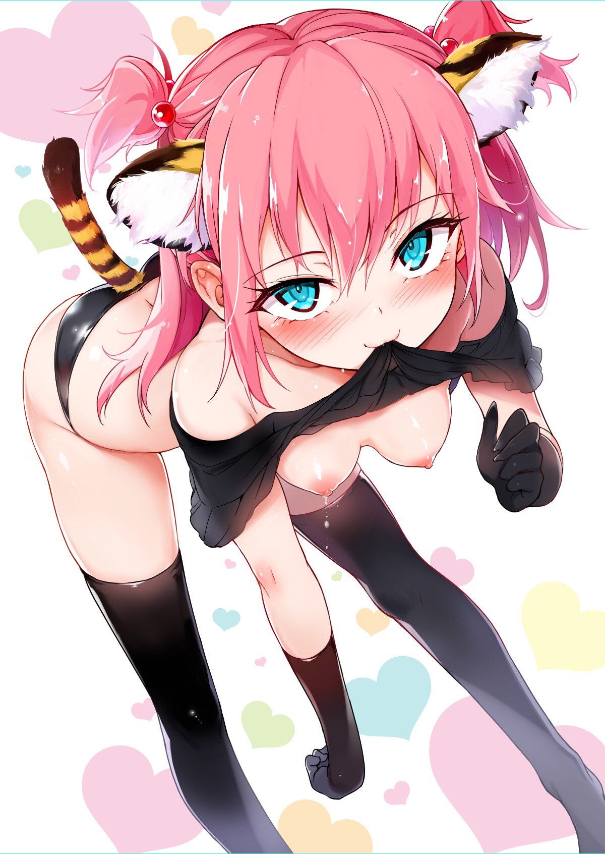 :3 aina-chan animal_ears bangs bare_shoulders black_gloves black_legwear black_panties blue_eyes blush breasts clothes_lift collarbone elbow_gloves endou_aina eyebrows_visible_through_hair female gloves hair_bobbles hair_ornament heart highres kyokucho leaning_forward looking_at_viewer lovely_aina-chan lovely_heart medium_hair mouth_hold nipples panties pink_hair short_hair sidelocks small_breasts solo sweat tail thighhighs tiger_ears tiger_girl tiger_tail two_side_up underwear