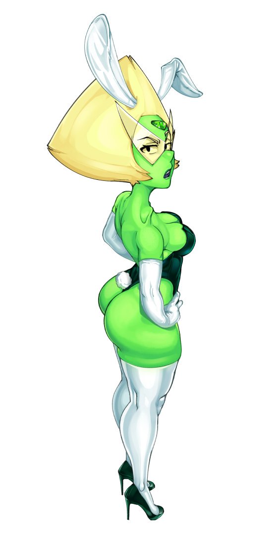 armwear ass breasts bunny_ears bunny_tail bunnysuit cartoon_network cleavage elbow_gloves gem_(species) glasses gloves green_hair green_skin high_heels leotard looking_back milky_way_(artist) muffin_top peridot_(steven_universe) steven_universe thighhighs